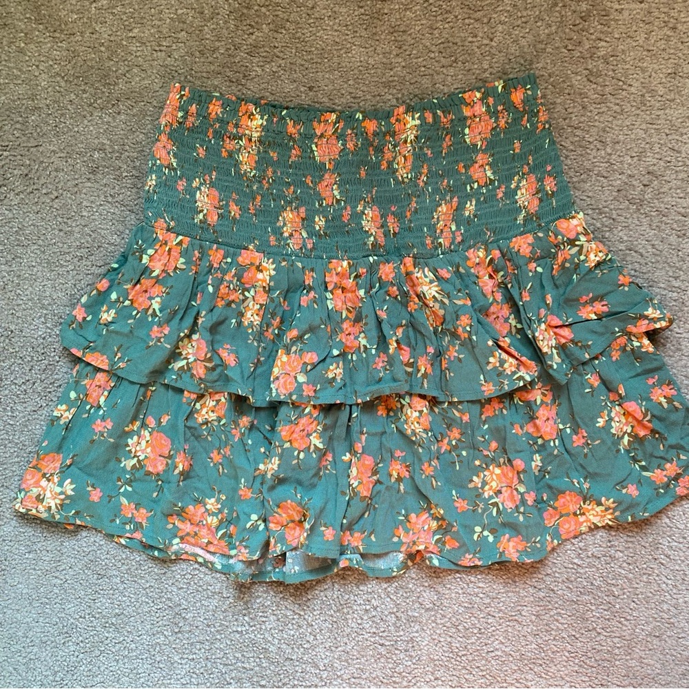 Aerie Green and Orange Floral Mini Skirt